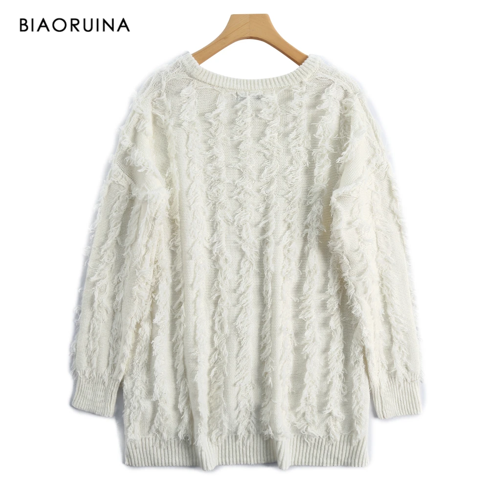 Goedkoop BIAORUINA vrouwen Effen Kleur Mode Gebreide Trui met Kwasten Ronde Kraag Casual Loose All Match Pulllover Nieuwe Collectie