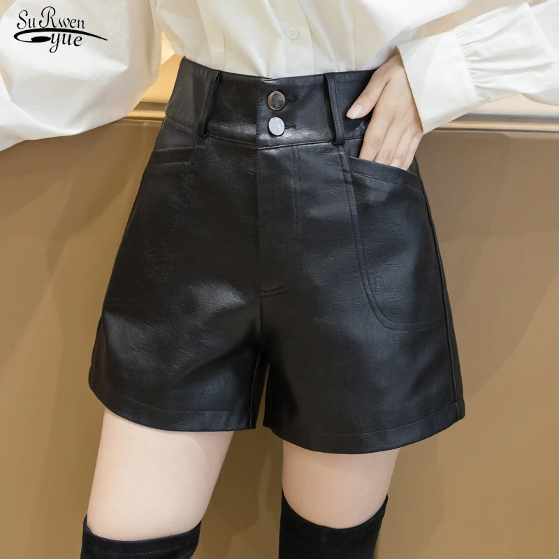 american eagle shorts 2021 New Autumn Winter Black PU Faux Leather Women Shorts Sashes High Waist Wide Leg Shorts Elegant Female Solid Trousers 12242 swimming shorts