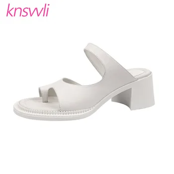 

Split Toe Mules High Heels Women Leather Flip Flops Sandals Woman Big Round Toe Chunky Heels Slippers Woman Summer Party Shoes
