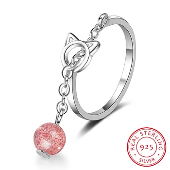 

New Temperament Two Colors Strawberry 925 Sterling Silver Jewelry Bell Cute Cat Opening Animal Women Rings SR381