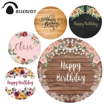 

Allenjoy wood theme Happy Birthday round backdrop cover flower wedding photocall circle customize banner photo background