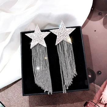 

Dominated 2019 fine crystal Star shiny design Hyperbole style Korean Women Drop earrings contracted metal chain long tassel new