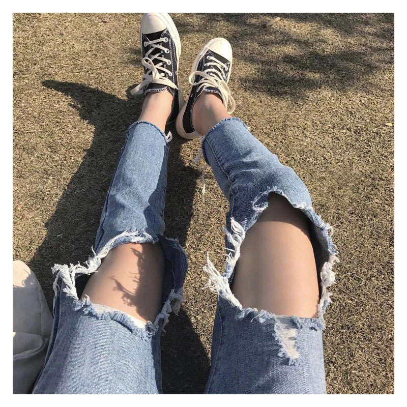 

High Waist Ripped Jeans Casual Women's Straight Cropped Pants Classic Fashion Korean Style Loose Summer New Hole Women Trousers