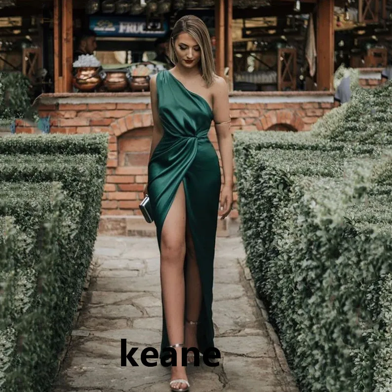 

Dark Green High Slit Satin Evening Dresses One Shoulder Pleat Sexy Evening Gown Prom Dress Robe De Soiree