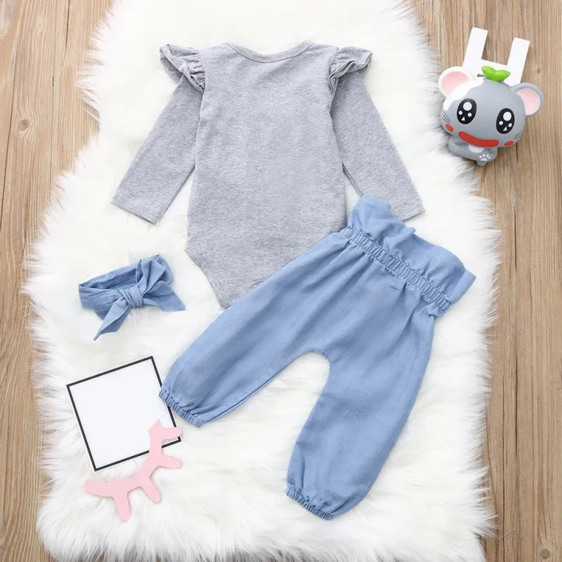 Newborn Baby Girl Clothes Set Gray Baby Jumpsuits+ Blue Pants Fashion Baby Girl Rompers New Year Spring Girls Clothing Set
