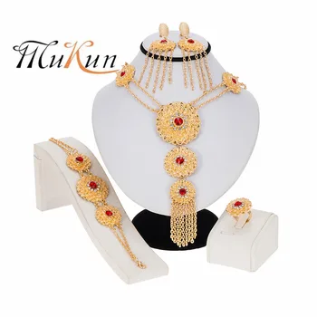 

2020 Dubai luxury gold jewelry sets African Ethiopia wedding party gifts for women Necklace Bracelet earrings ring jewellery set