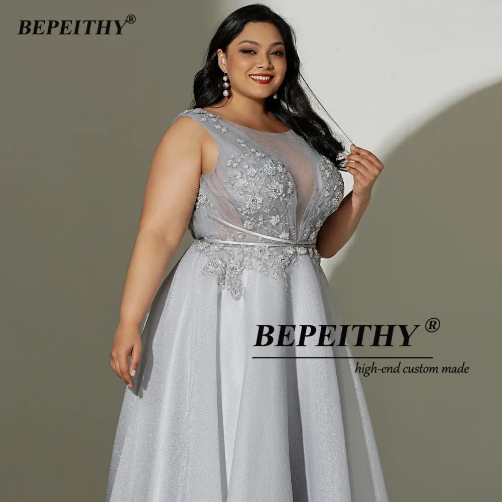 BEPEITHY Gray Long Evening Dresses Sleeveless For Curve Women Sexy Open Back A Line Plus Size Prom Formal Gown 2022 Spring Dress blue ball gown