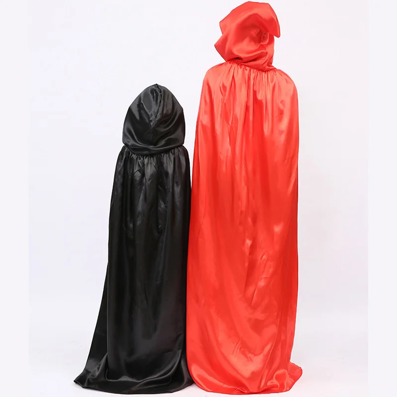 

Halloween costume satin kid adult women death black red hooded cloak scary with cape devil role play cosplay