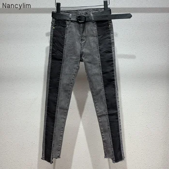 

Harajuku Color Panel Jeans Women's 2020 Spring New Plus Size High-Waist Jeans Fashion Slim-Fit Pencil Pants Spodnie Damskie