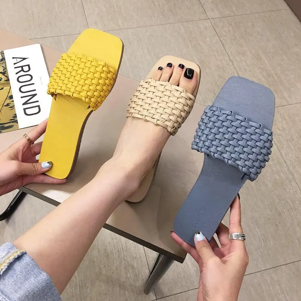 

Concise weaving slippers soft leather beach shoes woman summer cross belt slides square toe candy color flipflops femme slippers