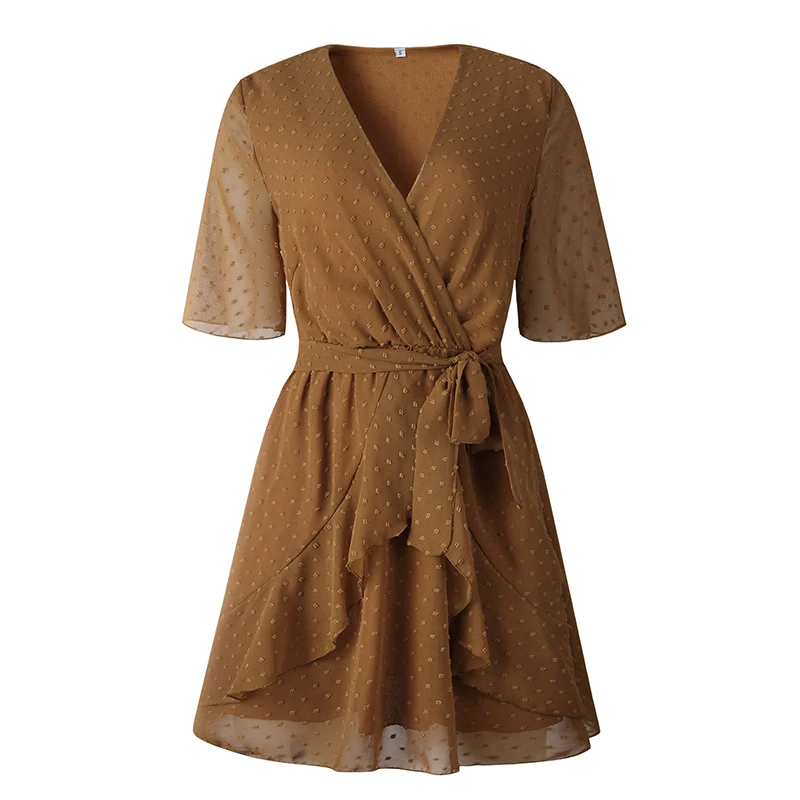 Коричневый BeAvant Boho горошек Обёрточная бумага платья Для женщин летние шорты с оборками Короткое платье; Boho Женская V образным вырезом сексуальное платье Vestidos - Цвет: Коричневый