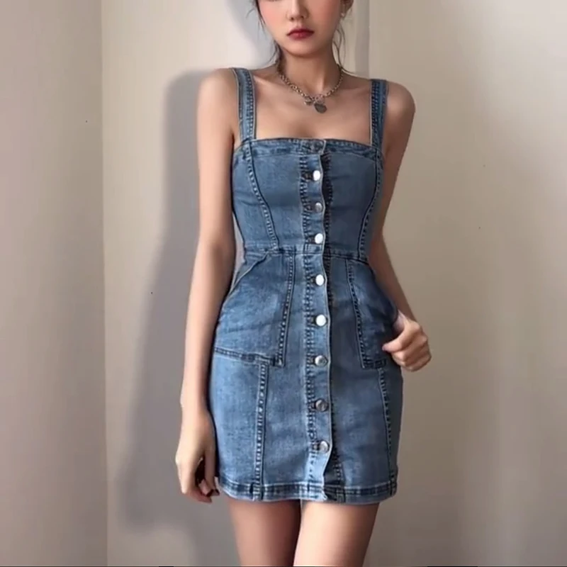 

M-4XL Large Size Stretch Denim Strap Dress Summer European and American Hot Girls Chic Spaghetti Strap Jeans Sundress Female