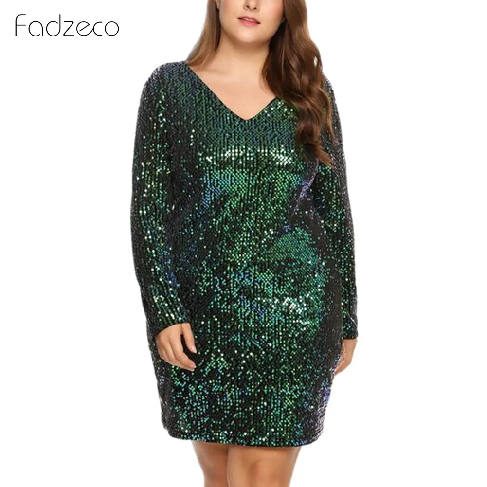 FADECO размера плюс XL 5XL женское платье с блестками для вечеринки облегающее