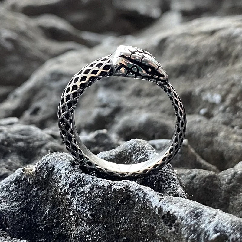 Ouroboros Snake Stainless Steel Ring, Silver