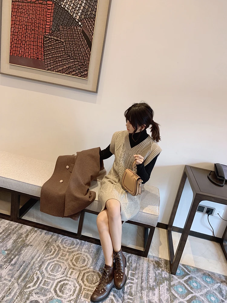Mishow зима Vneck свободное Повседневное платье-свитер женское платье без рукавов толстое по колено MX19D5323