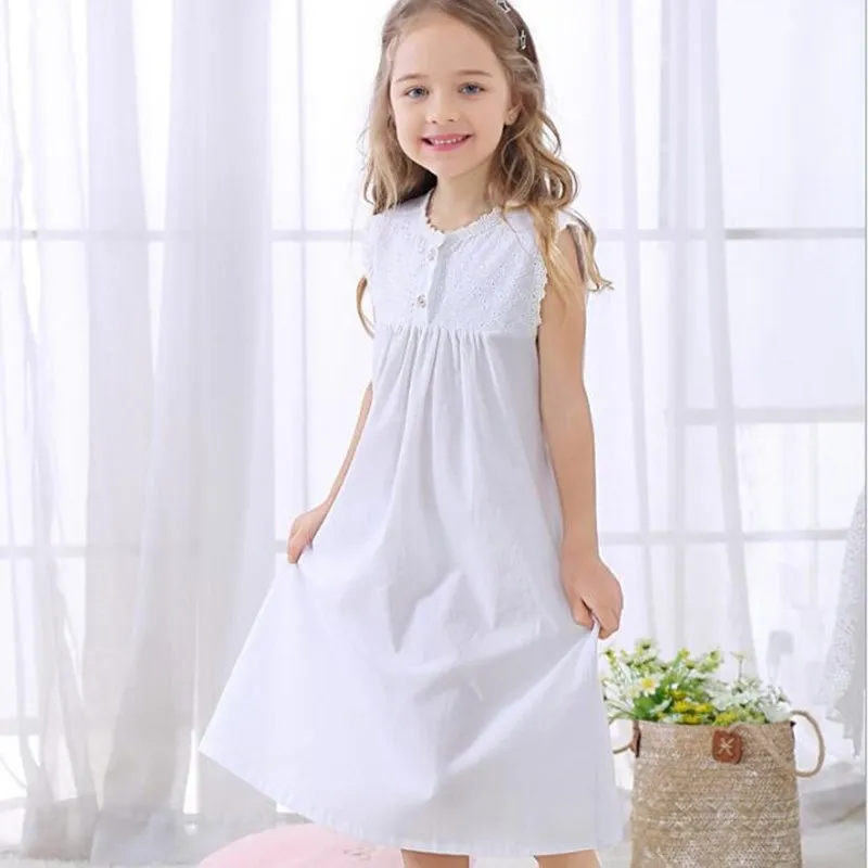 Летняя белая кружевная ночная рубашка без рукавов для девочек хлопковая