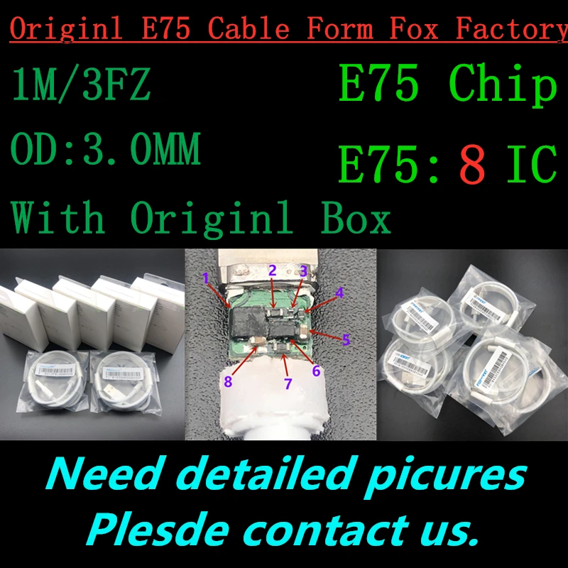 

10pcs/lot Genuine Original 1m/3ft 8ic E75 Chip Sync Data USB charger Cable for Foxconn XS X i7 8 6 plus 5s With green label