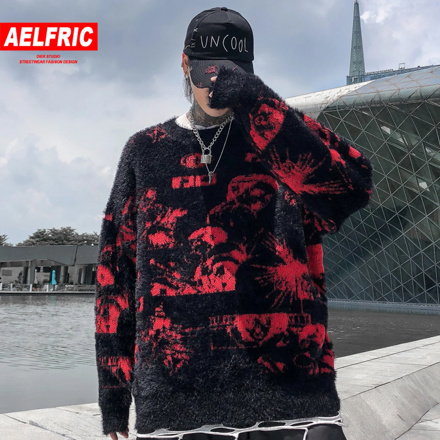 AELFRIC хип хоп узор Трикотаж мужские готические свитера Harajuku модные мужские пуловеры повседневные топы уличного стиля верхняя одежда негабаритных