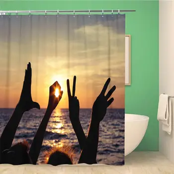 

Bathroom Shower Curtain Valentine Love Sign Language at The Sunset Time Beach Polyester Fabric 72x72 inches Waterproof Bath