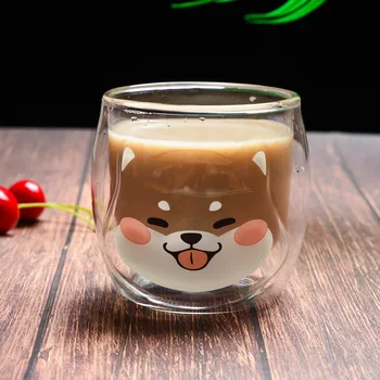 

200ML Korean Cute Shiba Inu Mugs Double Glass Breakfast Milk Mug Creative Animal Coffee Cup Ladies Juice Cups