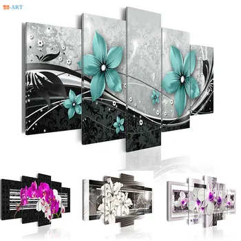

Violet Orchids Blossom Wall Art Painting 5 Pieces Modern Blue White Flowers Canvas Picture Prints Poster for Bedroom Home Decor