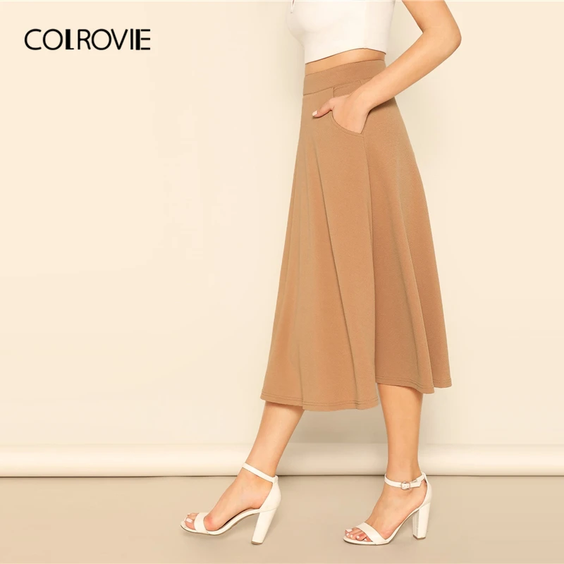 COLROVIE Solid Slant Pocket Swing Skirt Women High Waist Casual Long Skirt Autumn Fashion Elegant A Line Ladies Midi Skirts