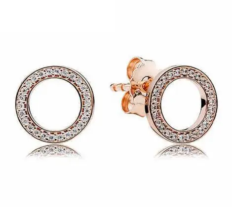 

925 Sterling Silver Pan Earring Rose Sparkling Circular Forever With Crystal Stud Earrings For Women Wedding Gift Jewelry