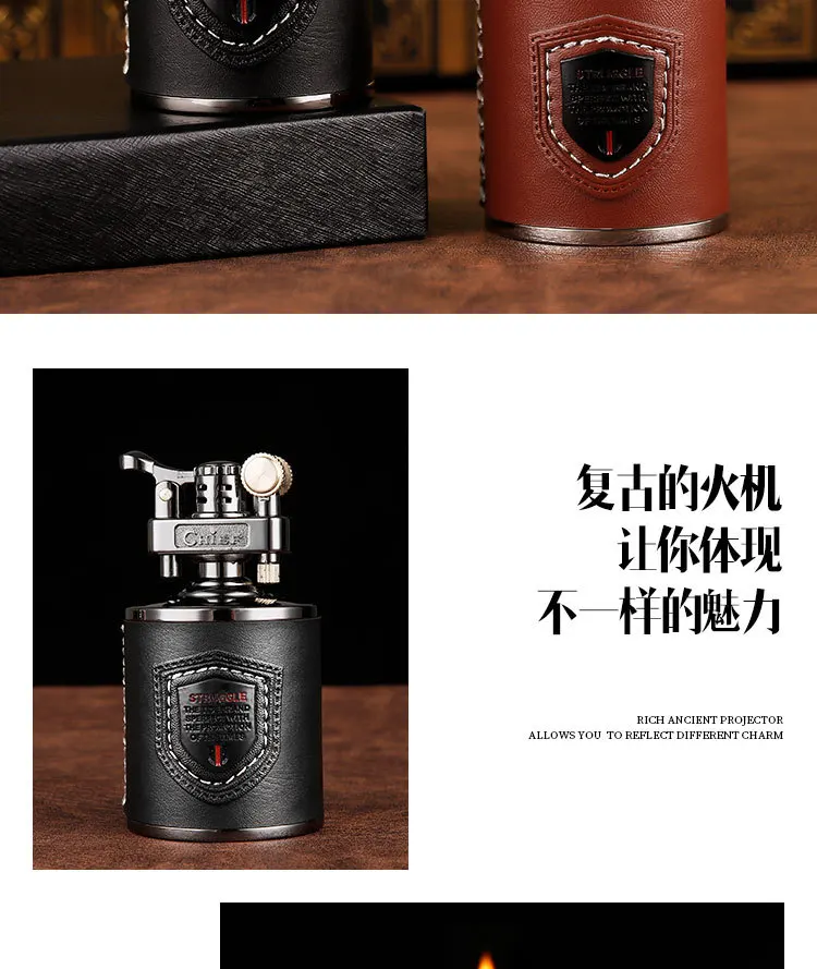 Big Size Metal With Leather Gasoline Cigarette Lighter Grinding Wheel Metal lighter Inflatable Tobacco Kerosene Carving Lighter