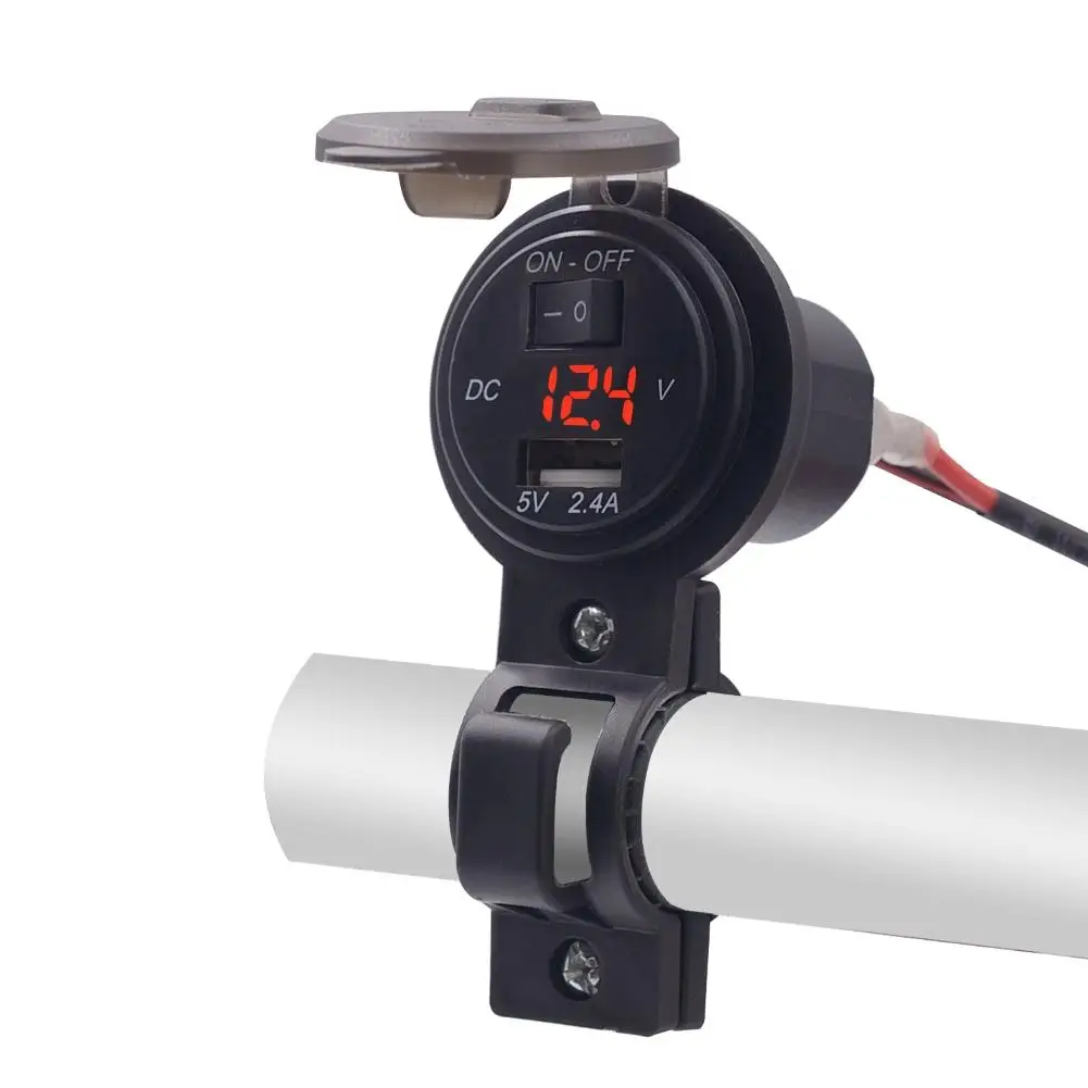 Waterproof LED Display Motorcycle Handlebar Mount USB Port Phone Charger with Voltmeter Switch