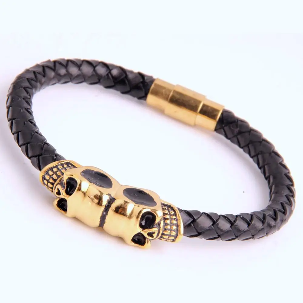 5 мм Новинка панк ювелирные изделия из натуральной черной кожи браслет из нержавеющей стали золотой двойной скелет браслет с черепами для мужчин Unisexs