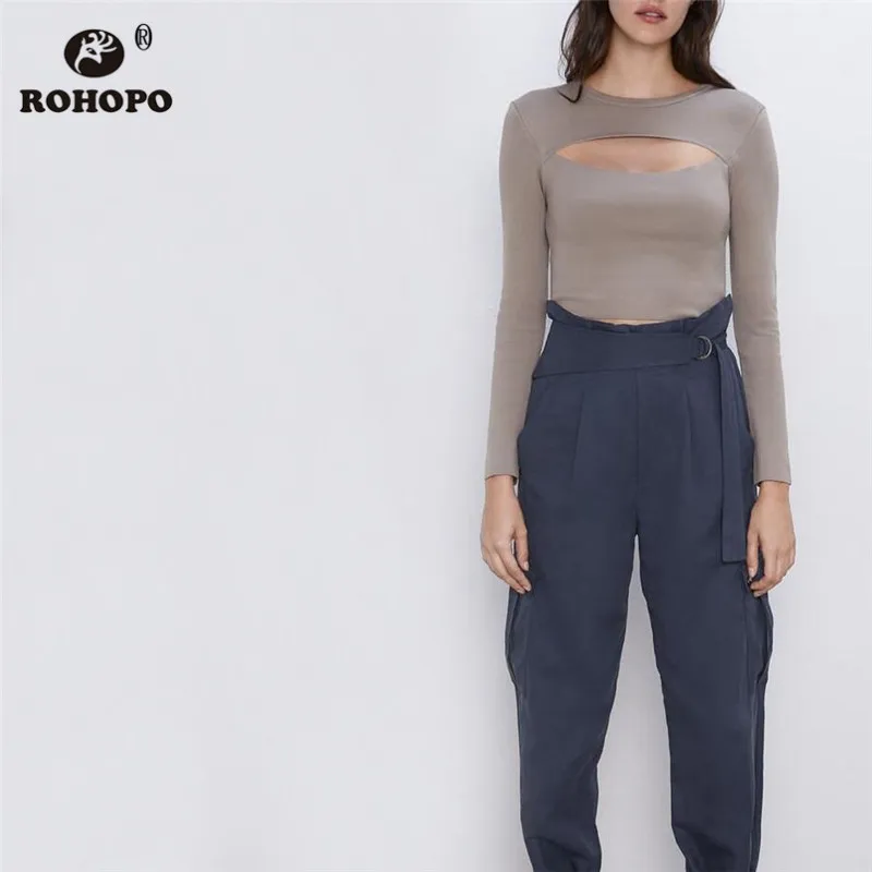 

ROHOPO Round Collar Long S Front Cut Sweater Autumn Pullover Solid Knitted Crop Tops Font Opend Slim Outwear #101