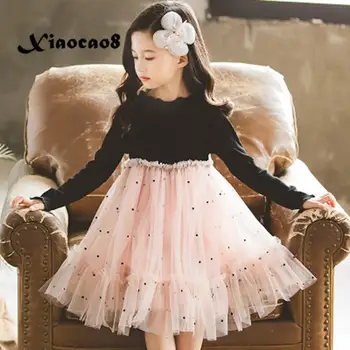 

Girls dresses autumn kids knit long sleeve dress girls pink dot mesh ball gown dress children princess costume girl fall clothes