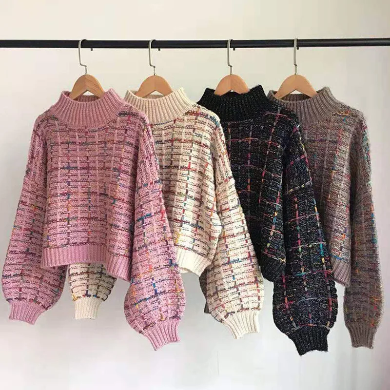 2020 Autumn Winter New Plaid Sweater Women Korean Lazy Wind Short Loose Casual Checkered Lantern Sleeve Pullovers Girls | Женская одежда