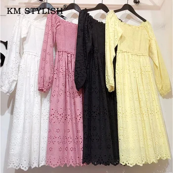 

New Women Off-shoulder Dress Floral Patchwork Cutout Elegant Casual Dresses Long-sleeve Embroidery Ruffles Female Dress 4 Colors