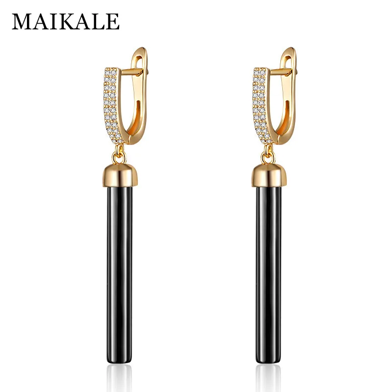 gold black MAIKALE, новинка, модные прямые длинные серьги, черные керамические серьги, кубический цирконий, золото/серебро, висячие серьги для женщин, очаровательные подарки - Окраска металла: gold black