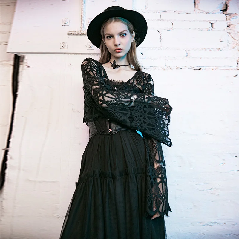 Женские кружевные топы на молнии с расклешенными рукавами и цветочным принтом