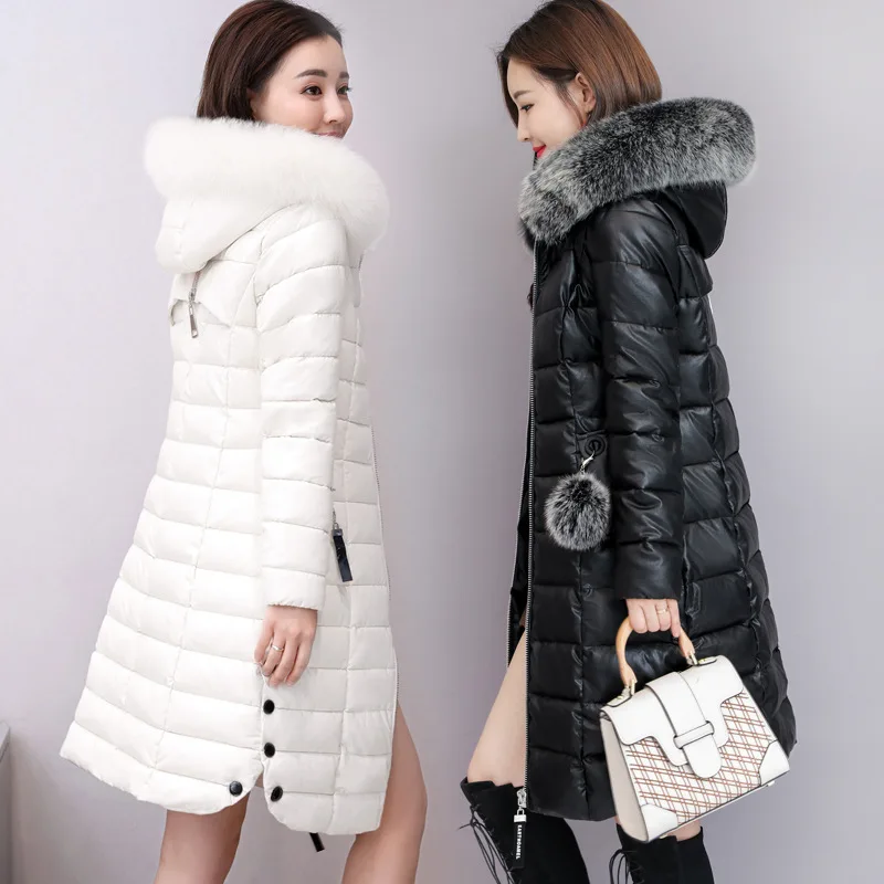 

Photo Shoot Cotton-padded Clothes Women's Medium-length 2019 Winter New Style PU Leather Cotton-padded Jacket Really Fox Fur Col