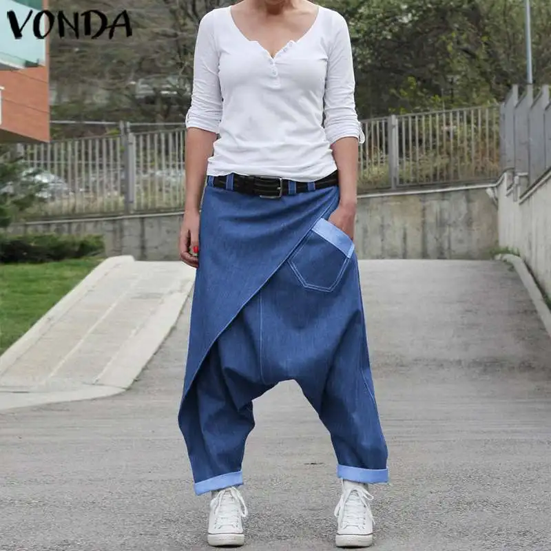 S-5XL, женские джинсовые штаны-шаровары, VONDA,, женские брюки размера плюс, женские повседневные Широкие штаны, богемная пляжная уличная одежда