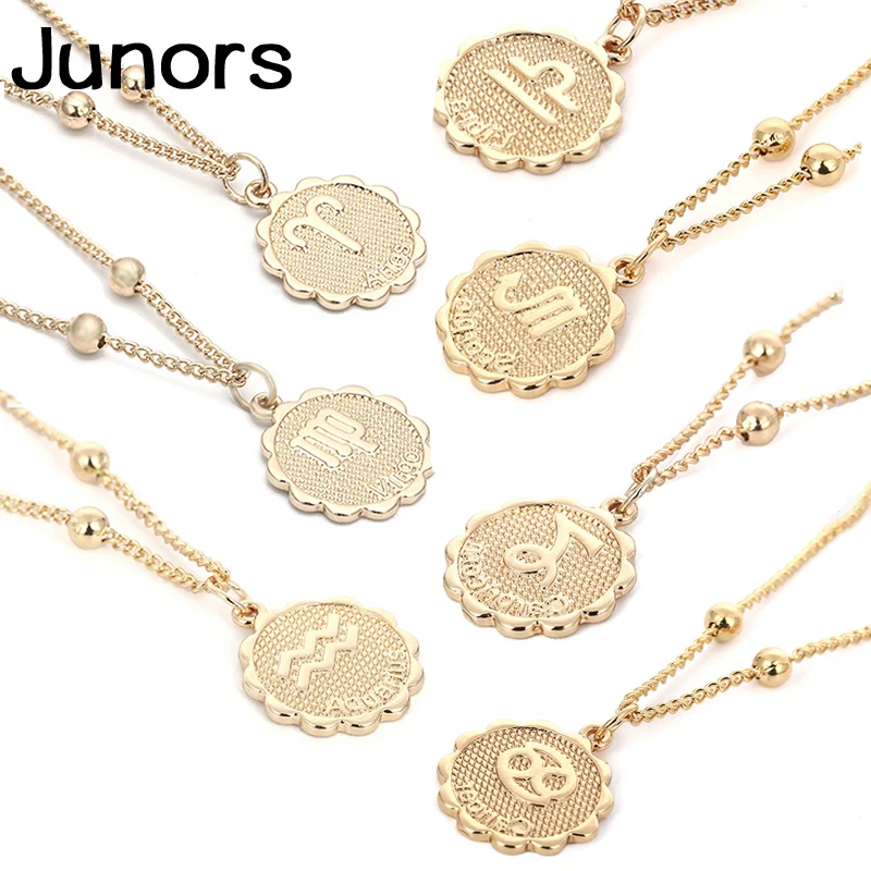 Женское ожерелье с подвеской зодиака цепочка до ключицы из 12 звеньев золотистого