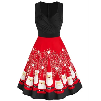 Autumn Red Strapless Black Tie Waist Bow Sling Print Dress Girl Christmas Carnival Party Skirt Skating Women's Clothing