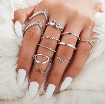 

9Pcs/Set Antique Silver Rings for Women Fashion Boho Joint Punk Hollow Geometric Finger Ring Set Jewelry Accessories