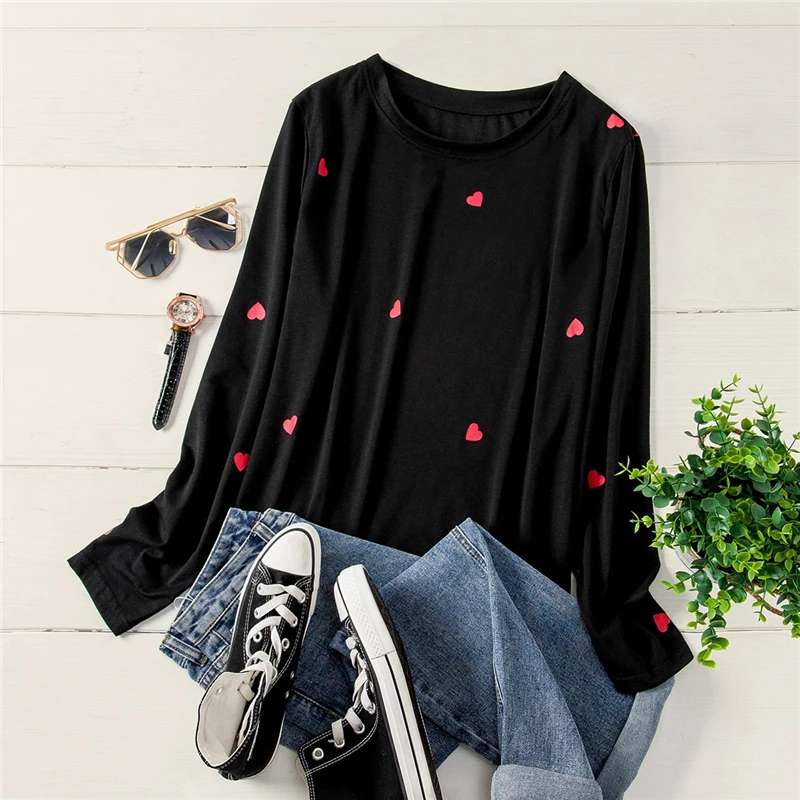 Черный Dotfashion размера плюс принт красное сердце футболка для женщин Весна Длинный рукав тройник топы женские черные Повседневные базовые Топы - Цвет: Черный