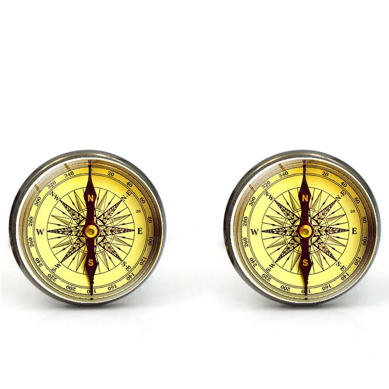 

French Shirt Cufflinks Men's Compass Business Button Metal Glass Exquisite High Quality Luxury Simple Classic Cuff Link Gifts