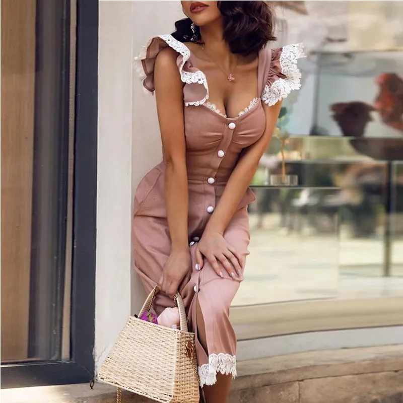 

Women Lace Button Ruffles Dress Casual Sheath Knee-Length Elegant Dress Patchwork Solid Slim Fit Holiday Sweet Party Dress