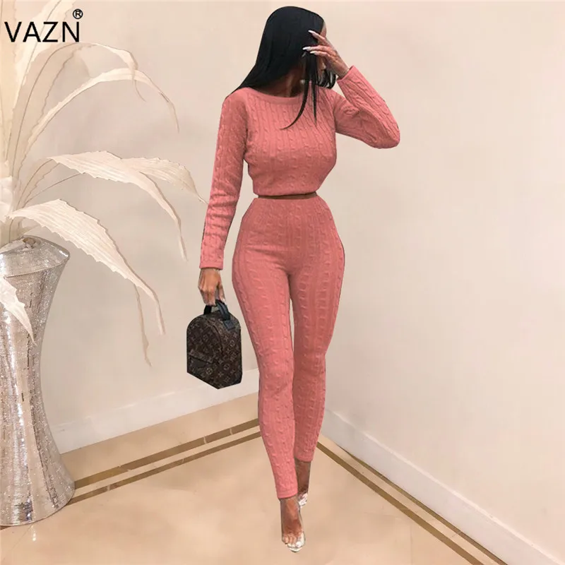 

VAZN Spring Temperate Style Women 2 Piece Set Casual Solid O-Neck Full Sleeve Full Length Lady Bodycon Overalls Knit Set QM3583