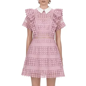 

New arrival Runway High Quality Self Portrait Women Mini Dress Turn Down Collar Hollow Out Lace Elegant dresses vestidos