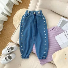 Джинсы для девочек, свободный крой, весна-осень, осенняя одежда для малышей, новые стильные детские штаны, шаровары в Корейском стиле