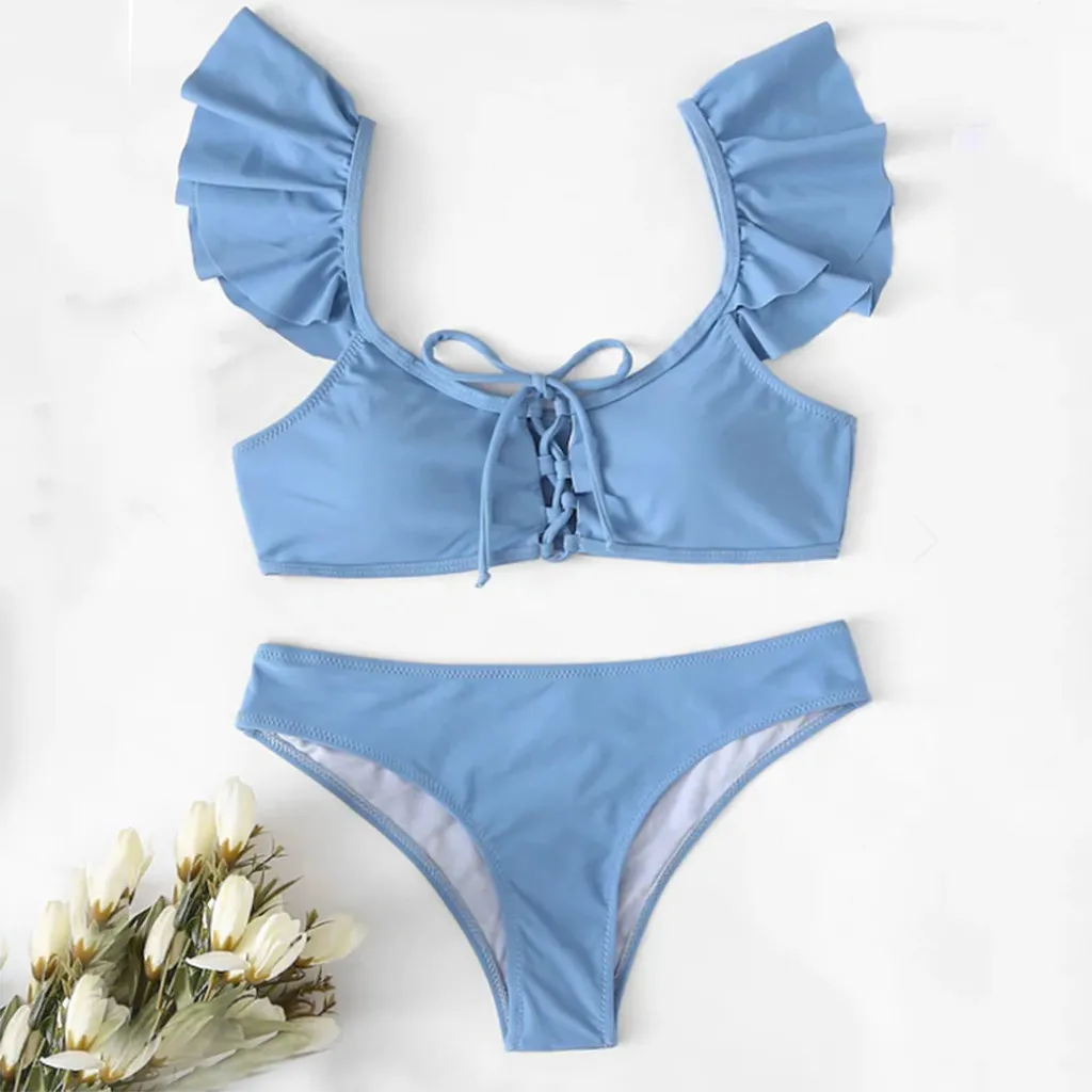

Push up Bikini Set Women Halter Ruffle Biquini Swimwear Low Waist Sexy Swimsuit Women Beach Bathing Beachwear Bandage Bikini Set
