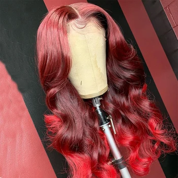 

Ombre Red Pre Plucked Lace Frontal Human Hair Wigs With Baby Hair Wave remy Hair Brazilian Lace Front Wigs