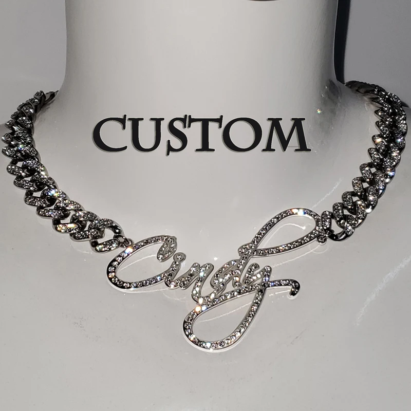 Customized Stainless Steel  Words Name Necklace 1.2cm Rhinestone Cuban Chain Miami Cuban Link for Men Women Hip hop Jewelry